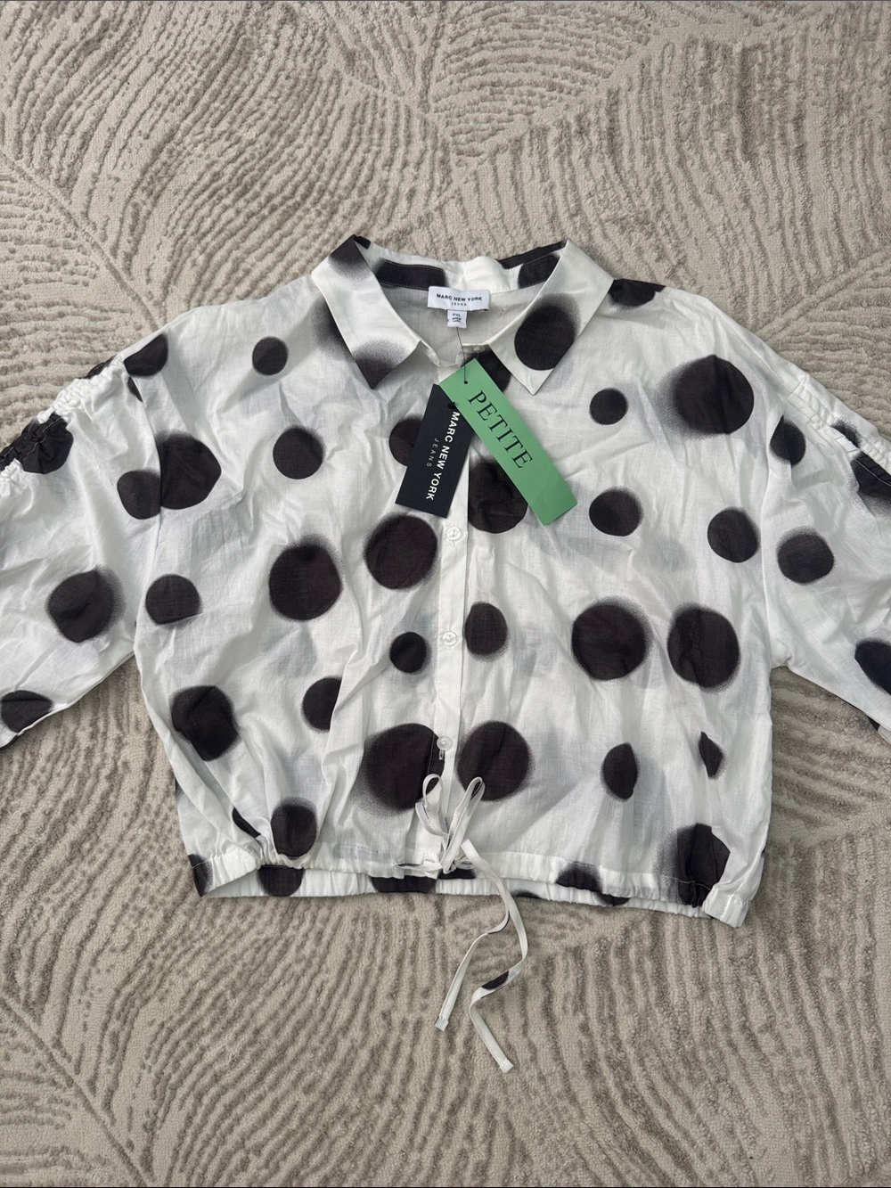Marc New York White Button-Down Shirt with Black Polka Dots and Drawstring Hem